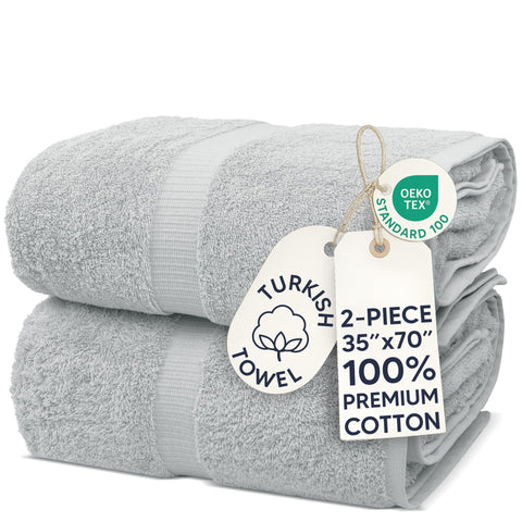 Chakir Turkish Linens front packaging showing two silver gray bath sheets, gift-ready