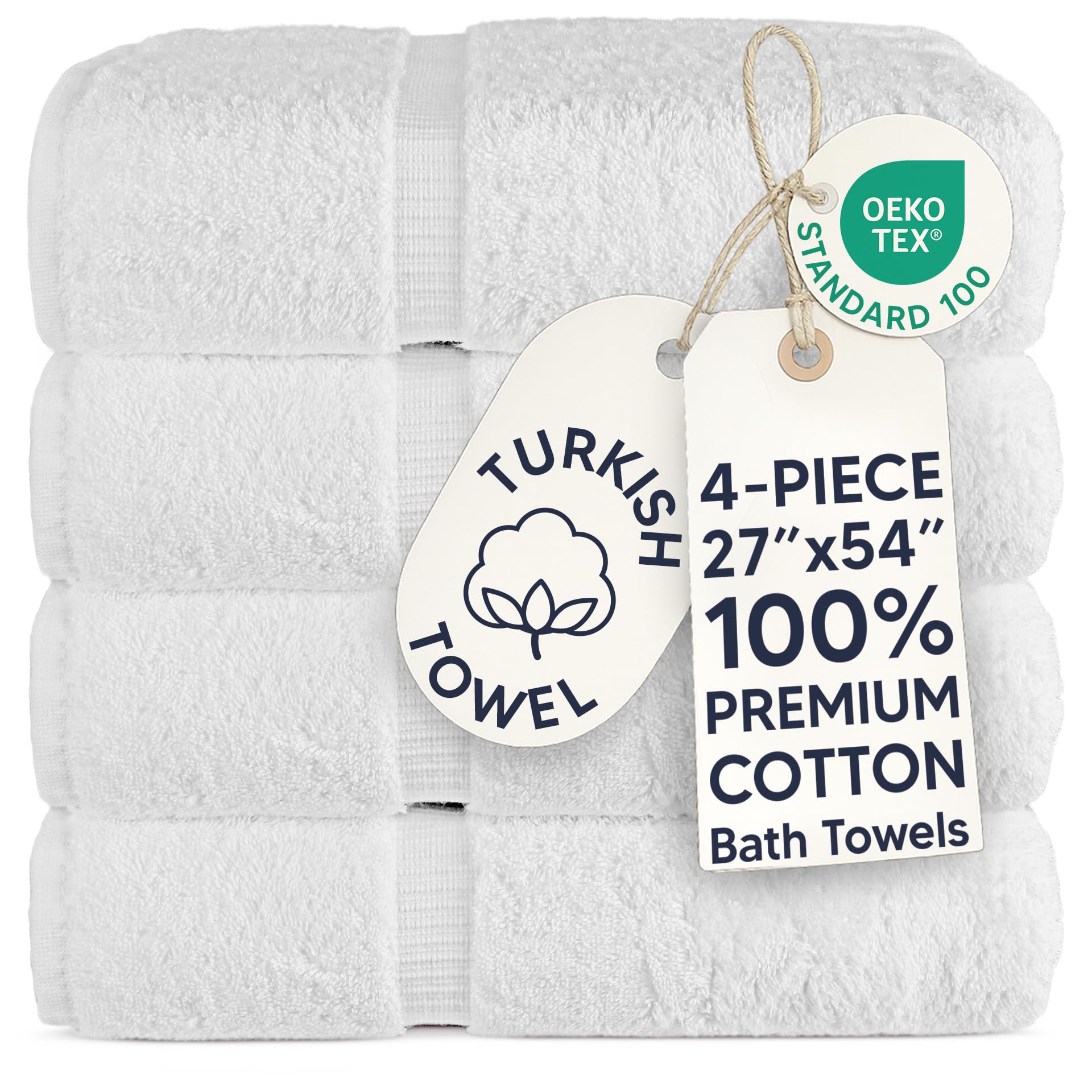 Chakir Turkish Linens front view of four white towels, clean hotel-style look
