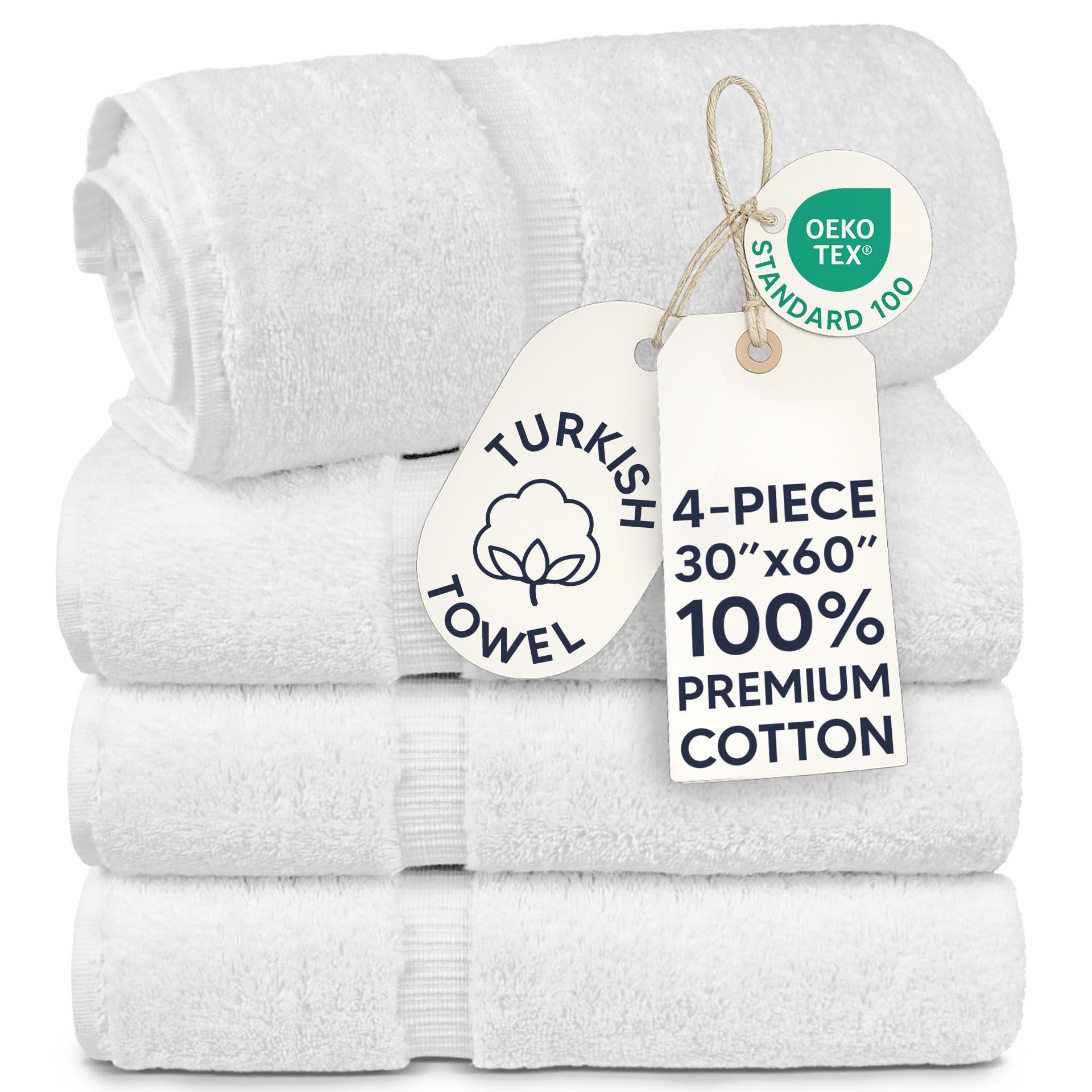 Chakir Turkish Linens front view of four white towels showing neat banded border and quantity benefit