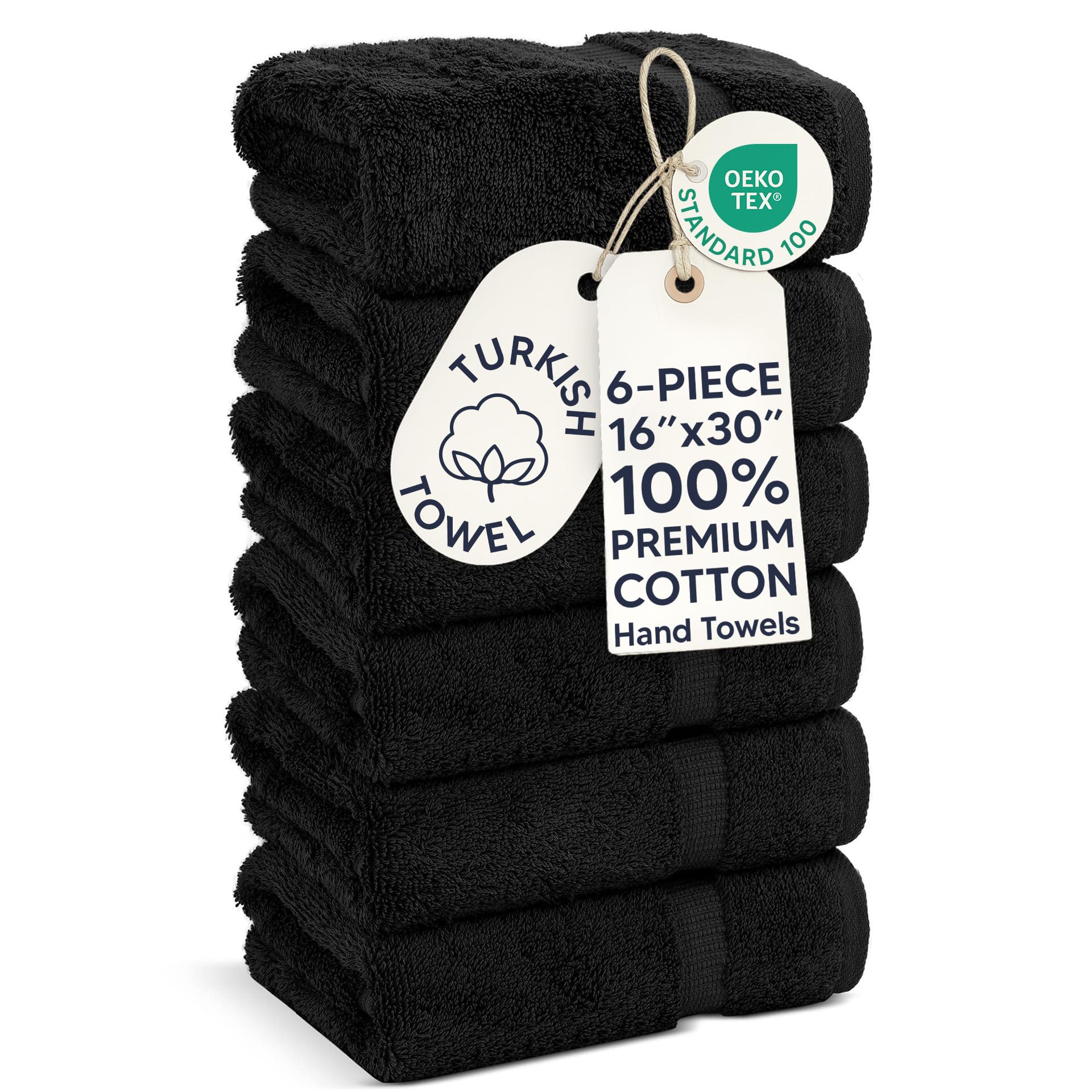 Chakir Turkish Linens front view showing six black hand towels and neat packaging for gifting
