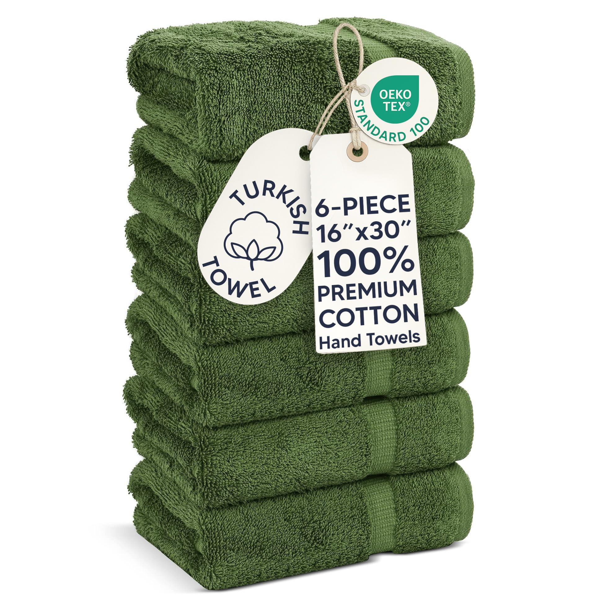 Chakir Turkish Linens front-packed six-pack moss towels showing neat stack and color benefit