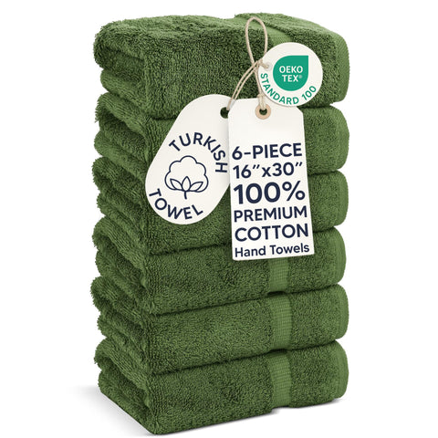 Chakir Turkish Linens front-packed six-pack moss towels showing neat stack and color benefit