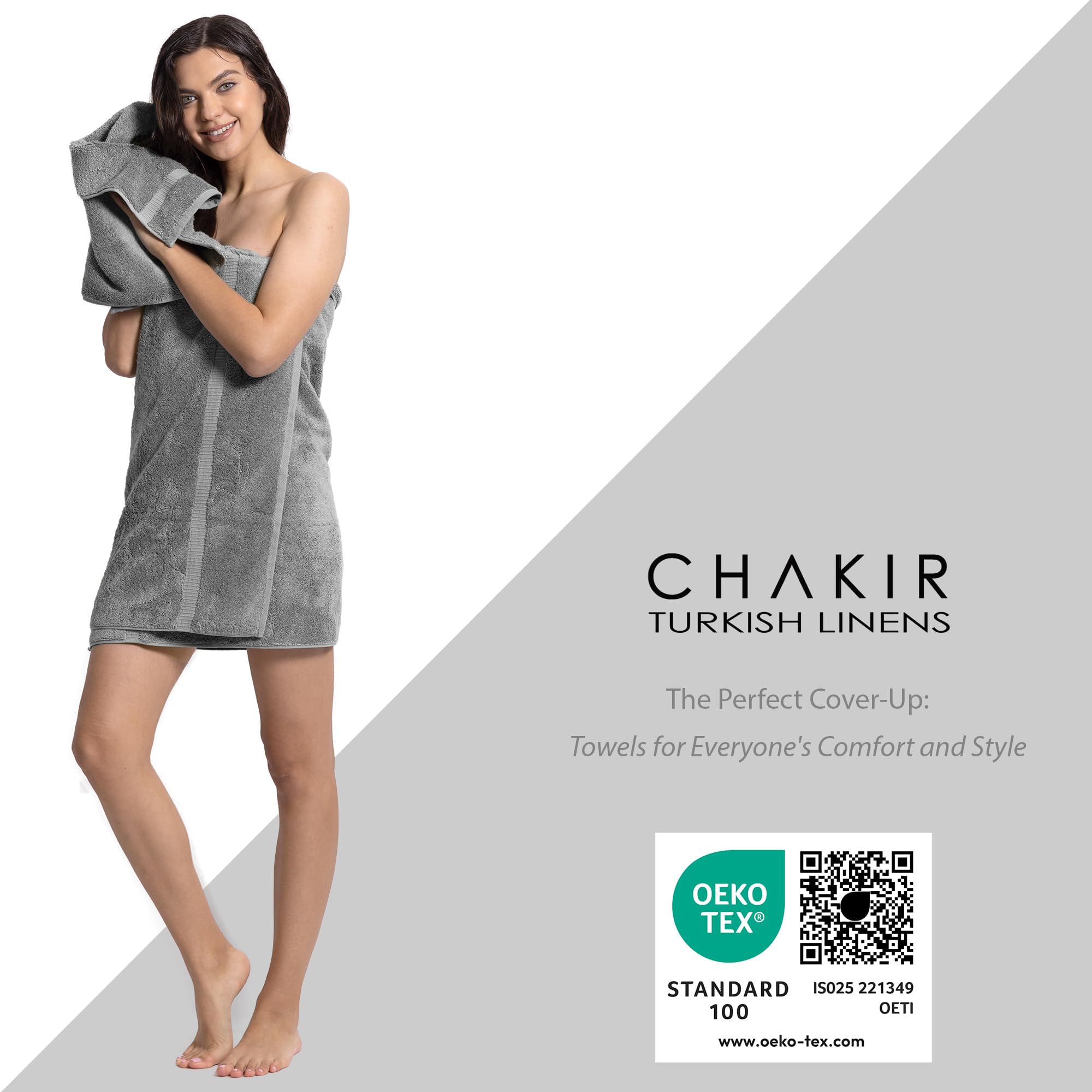Chakir Turkish Linens towel wrapped on person illustrating full coverage and quick drying