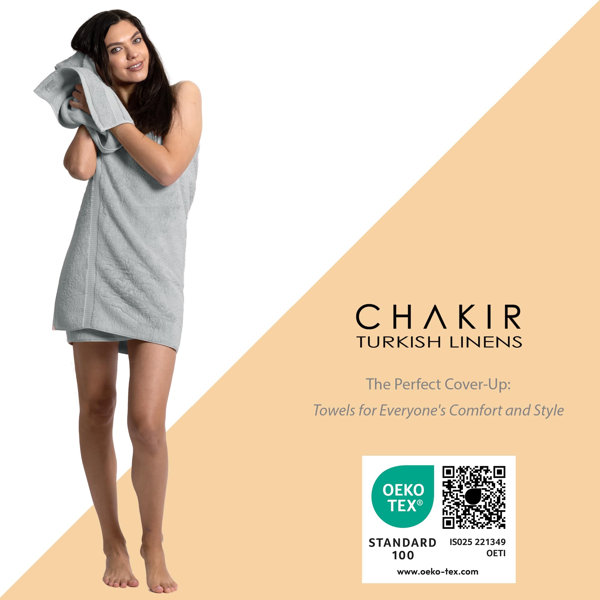 Chakir Turkish Linens towel being used to dry hair, demonstrating full coverage benefit