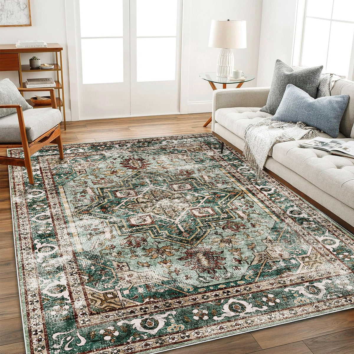 CHAMPLANT front view of 6x9 green medallion rug showing pattern and benefit of vintage style