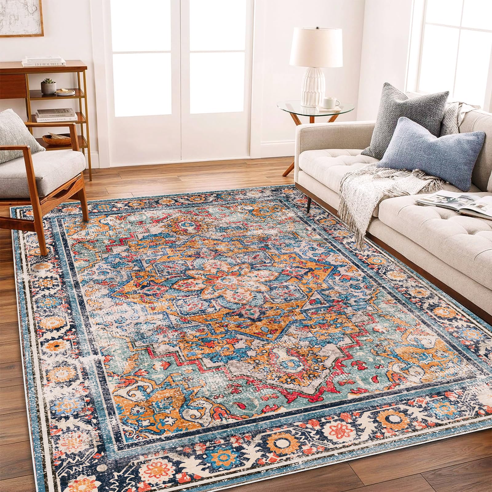CHAMPLANT rug front view showing medallion design and boho color palette for style