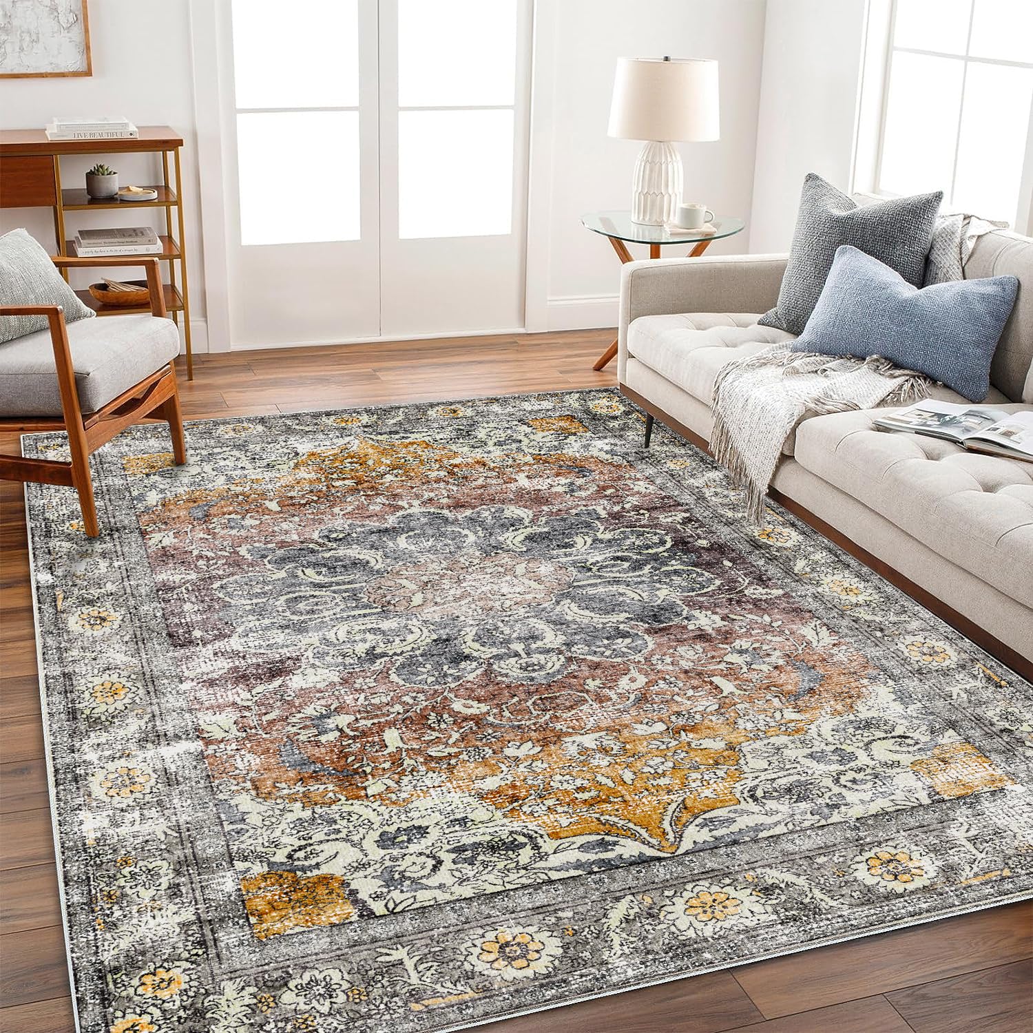 CHAMPLANT front view 8x10 rug showing vintage taupe pattern and soft look