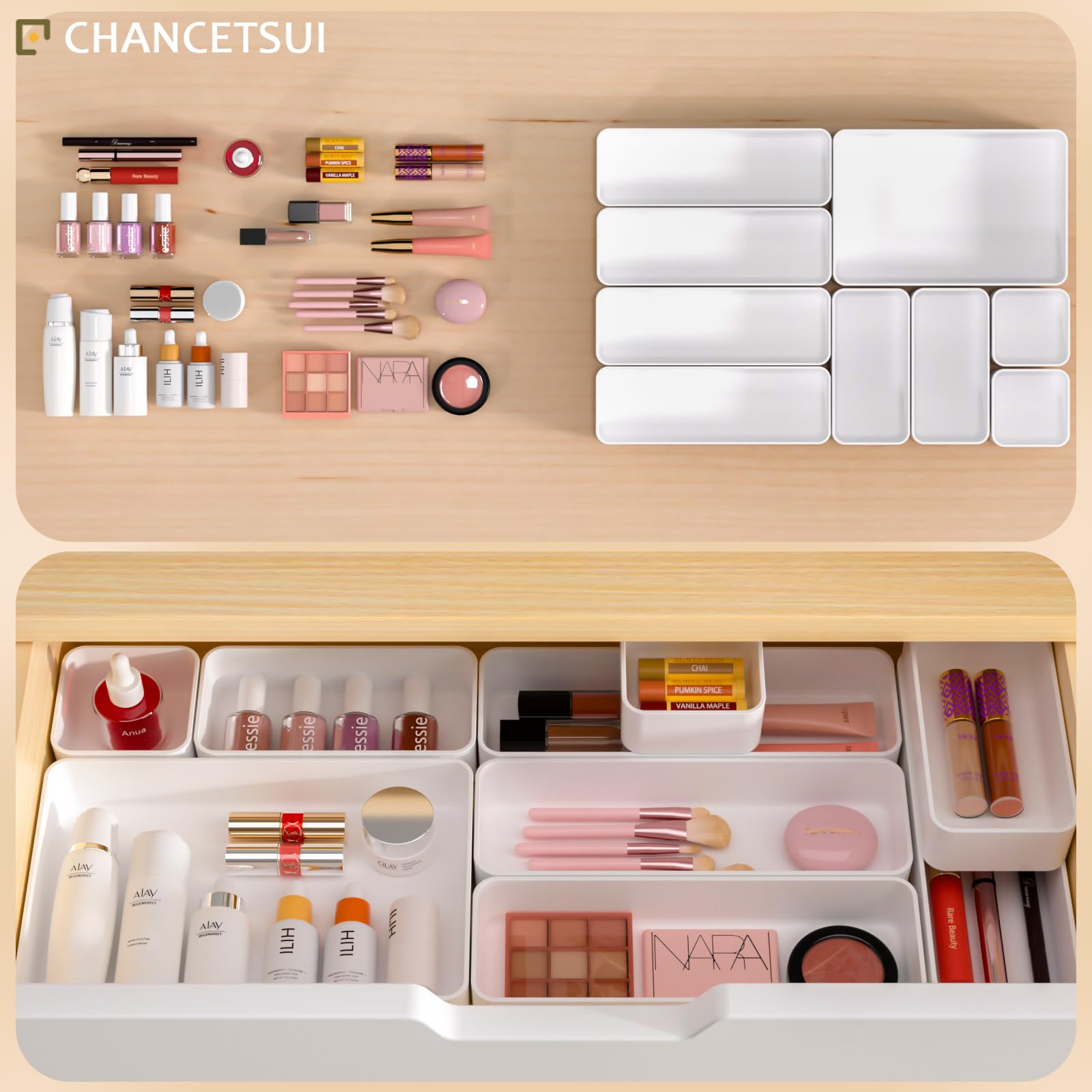 CHANCETSUI vanity drawer with trays organizing makeup for faster routines