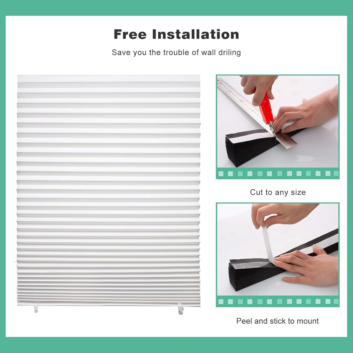 Changshade adhesive tape detail with 3M strip illustrating easy tool-free mounting benefit