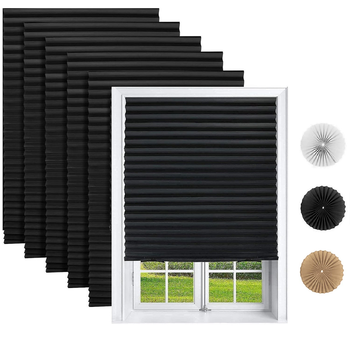 Changshade front packaging showing six black 36x72 adhesive pleated shades for quick blackout