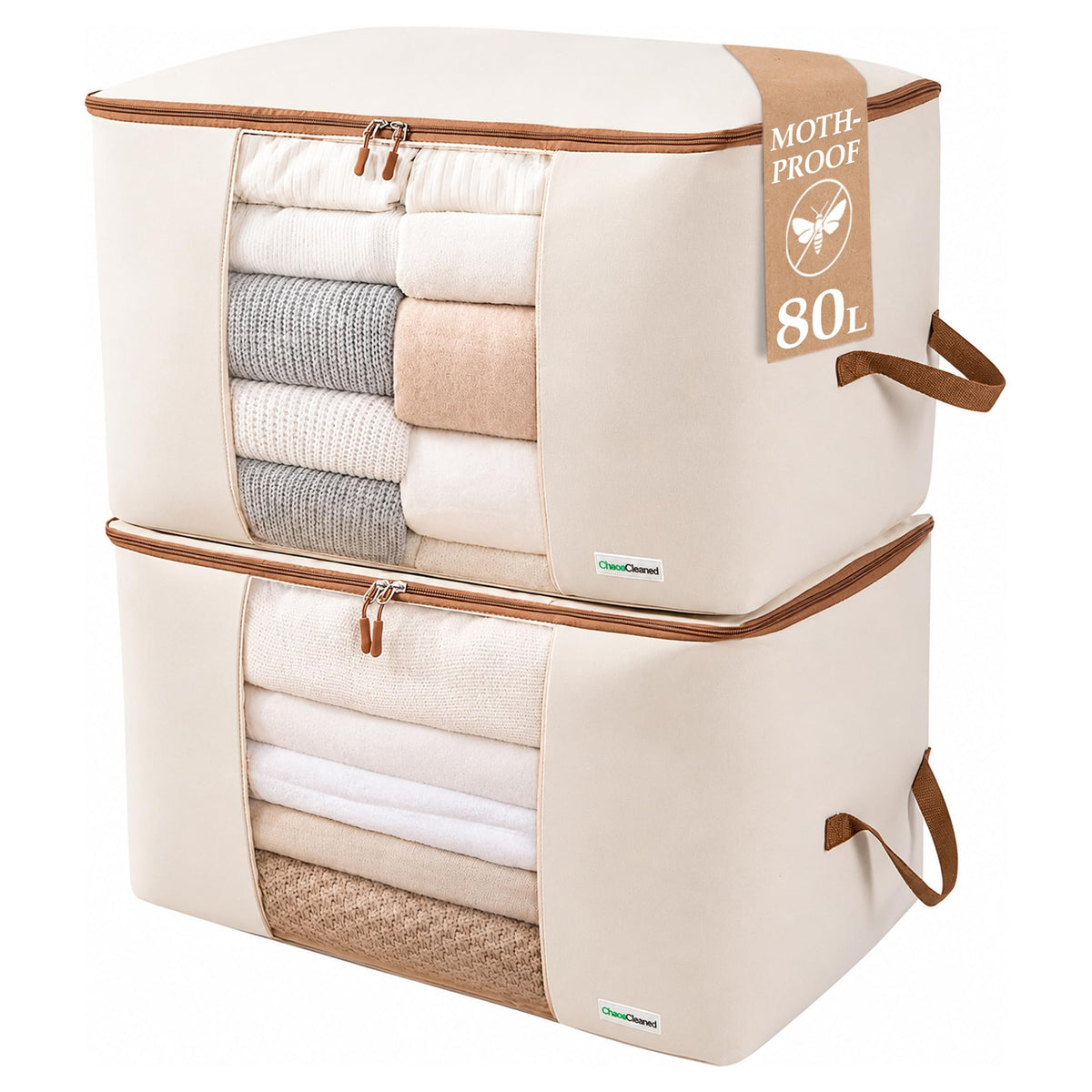 Chaos Cleared front view of 2-pack canvas storage bags showing compact designer organizer benefit