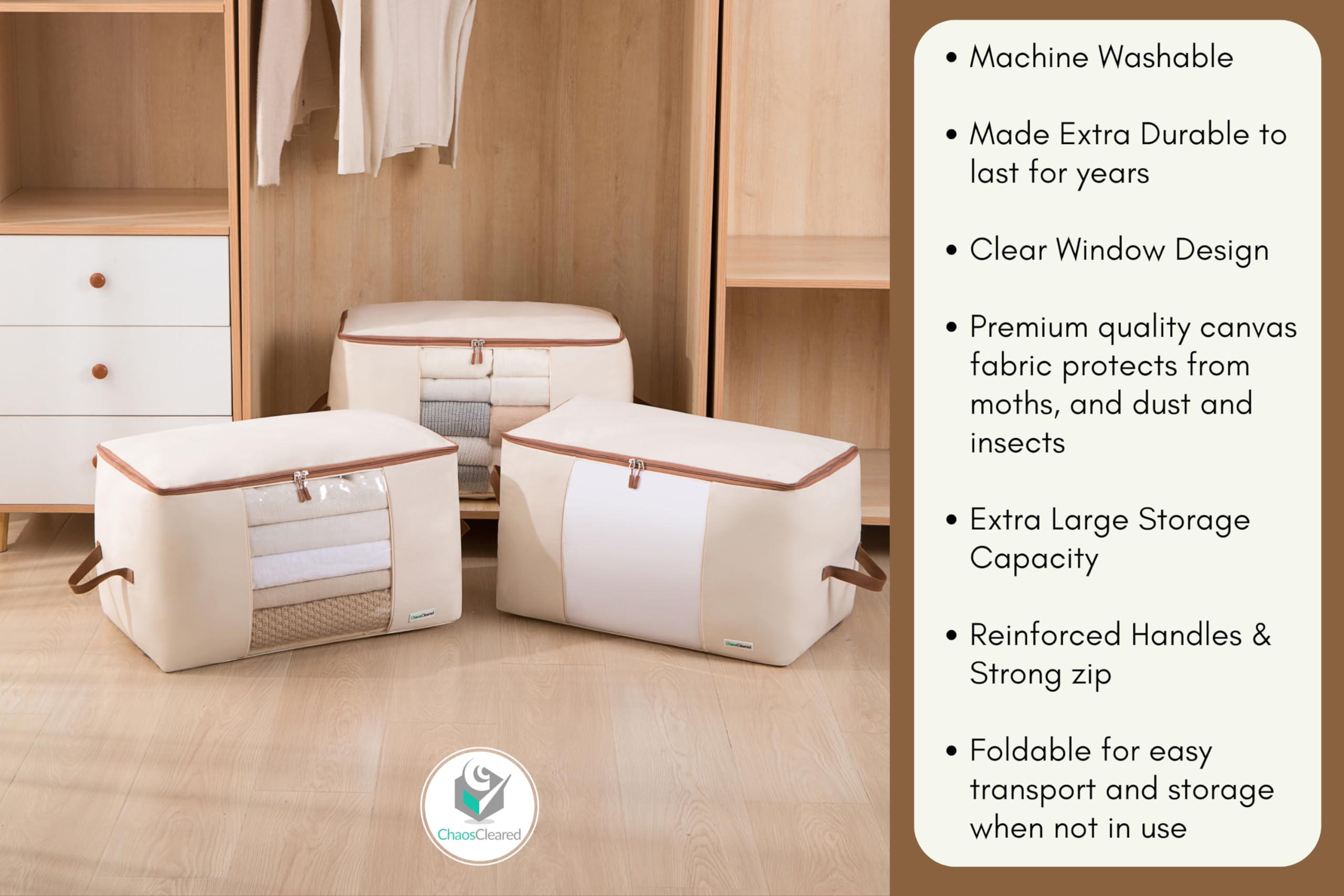 Chaos Cleared side-by-side size comparison showing 24x14x14 inch capacity and scale benefit