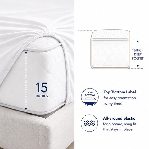 CHATEAU HOME COLLECTION pillows and flat sheet styled on a made bed for refined look