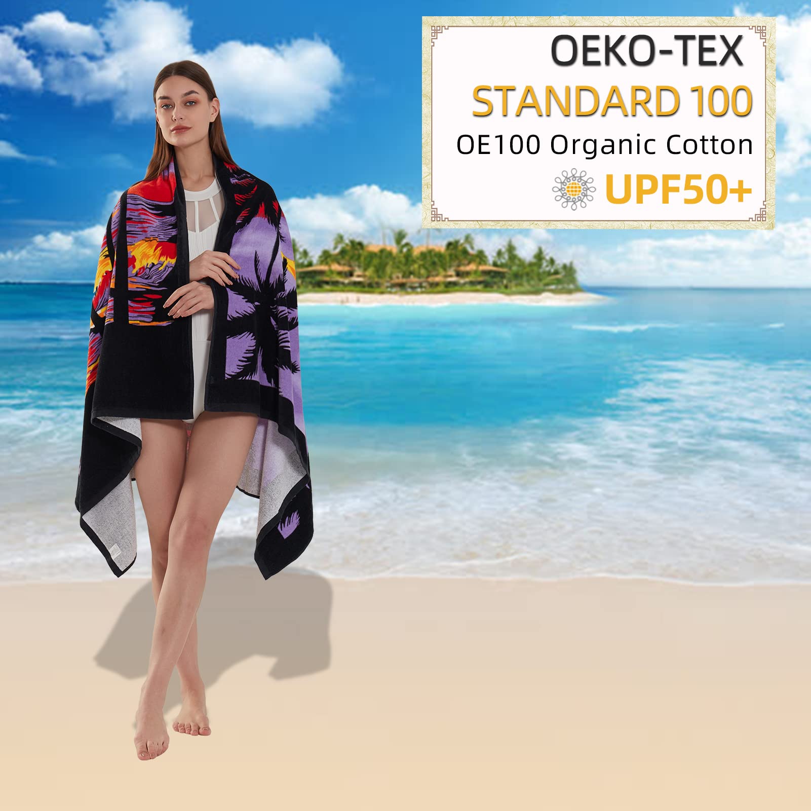 Chavish towel next to surfboard showing 70x40 size for full-body coverage