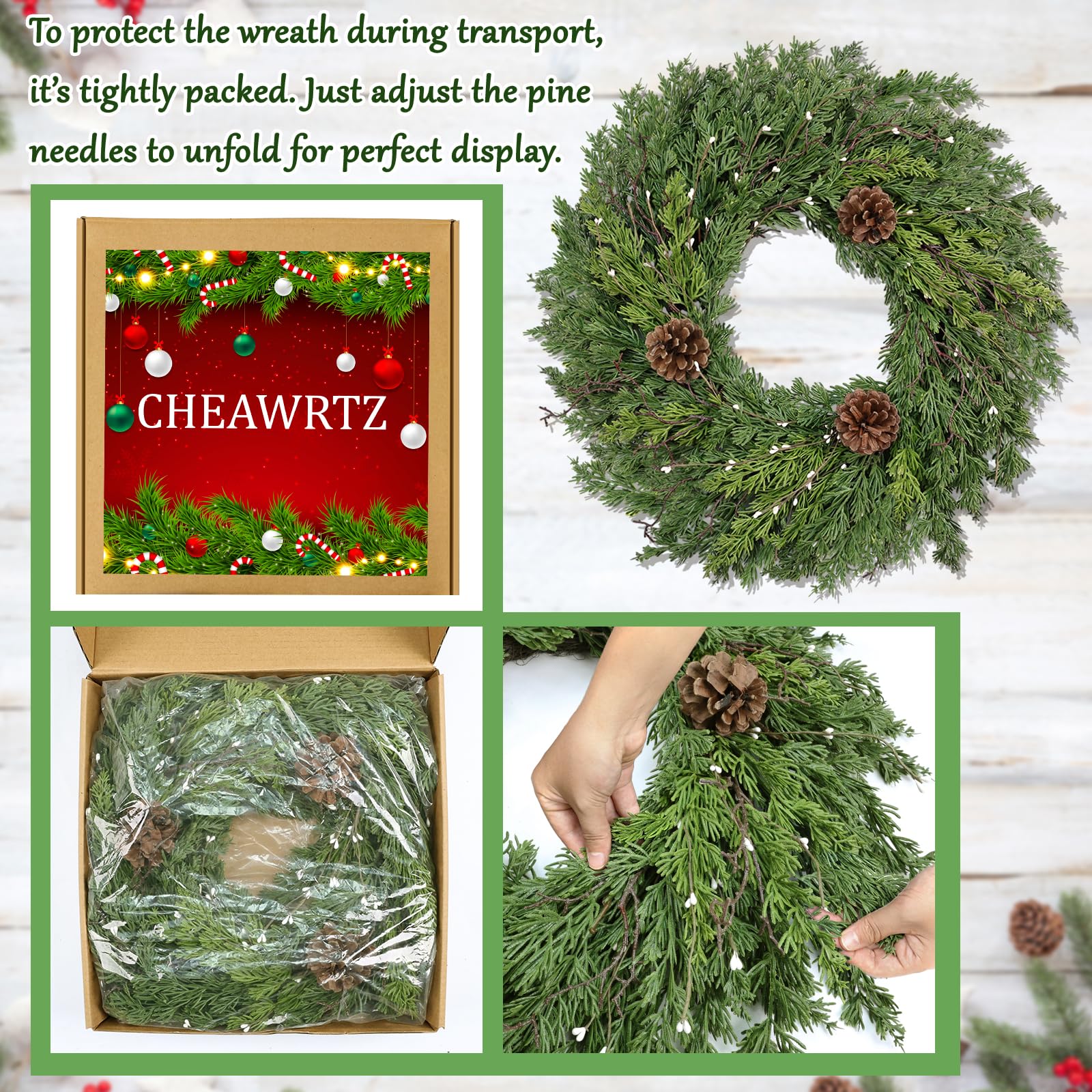 CHEAWRTZ secure packaging and unpacked wreath ready-to-fluff convenience