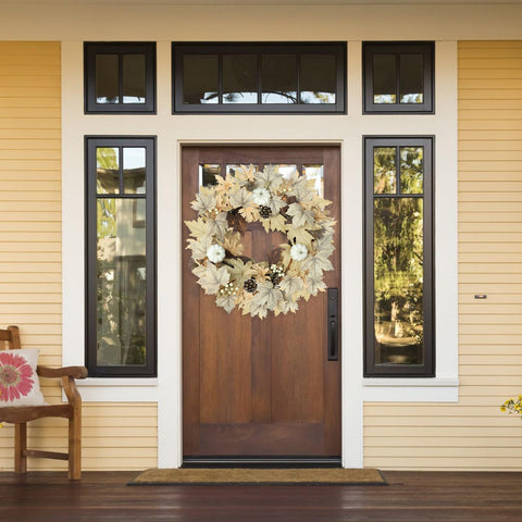 CHEAWRTZ wreath on door with ruler for scale showing correct fit benefit