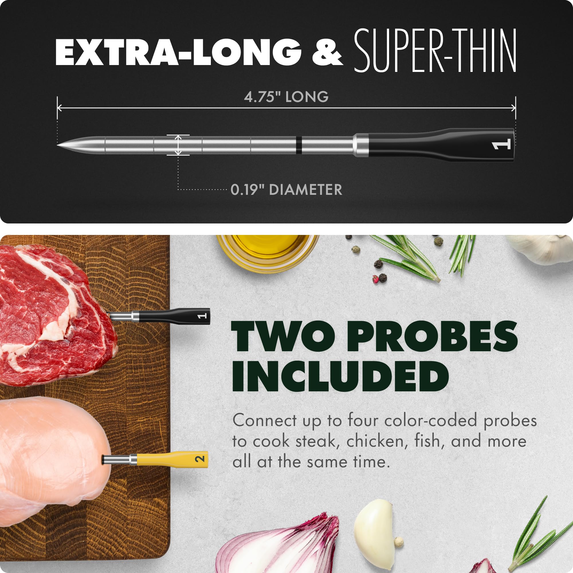 CHEF iQ probes inserted into two steaks enabling dual-doneness benefit