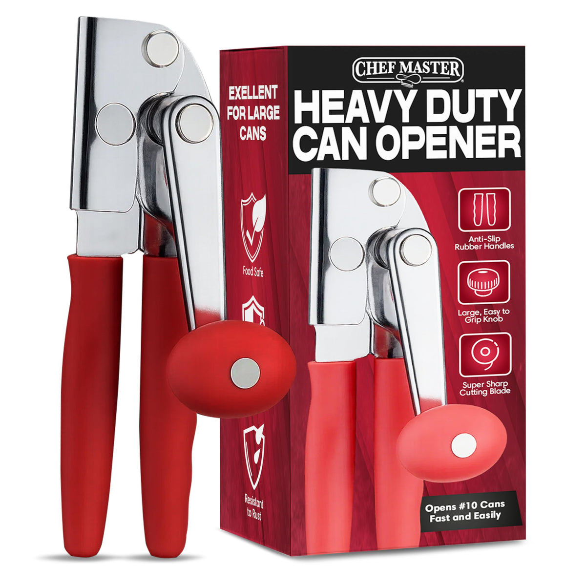Chef Master front view showing commercial can opener and sturdy build for reliable use