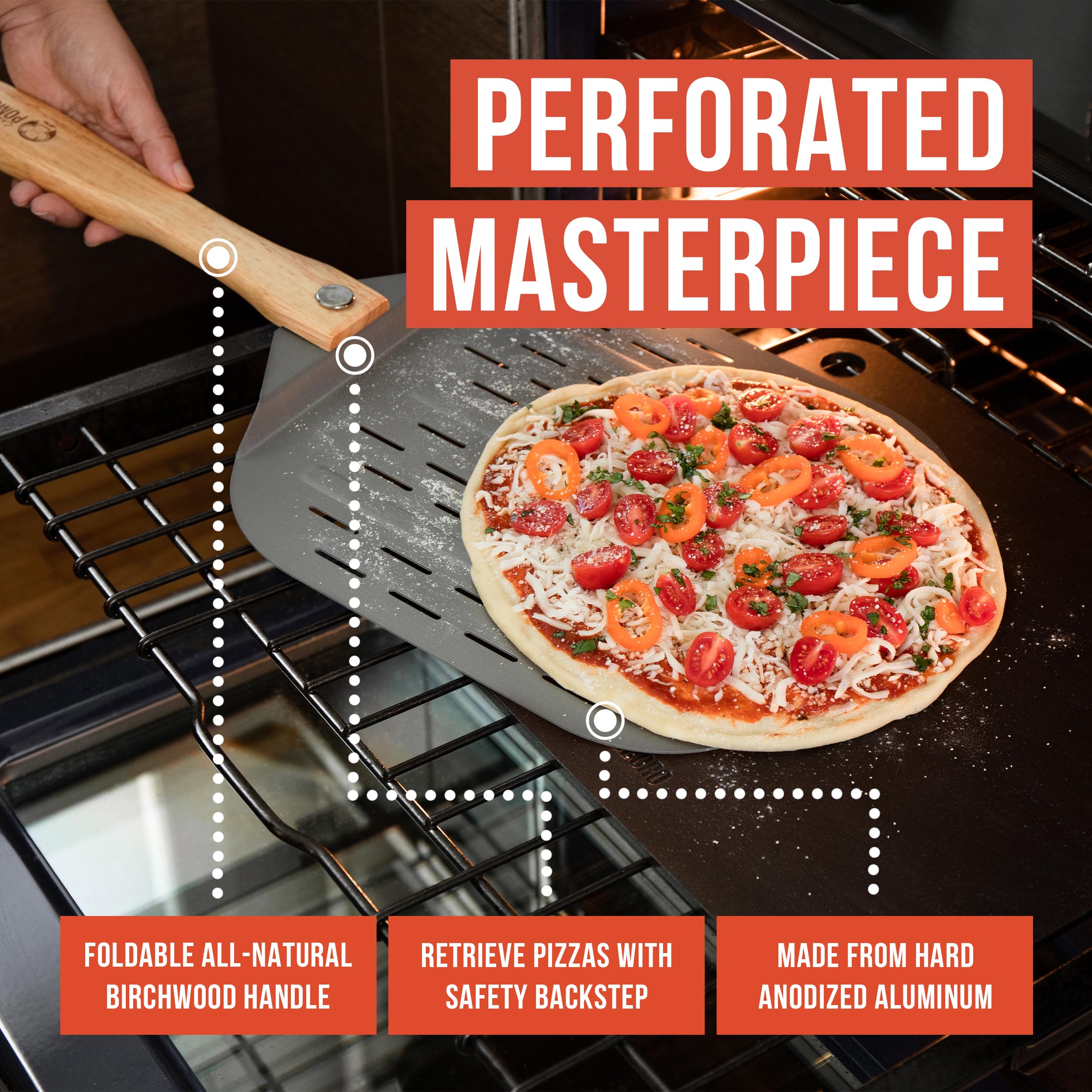 Chef Pomodoro close-up of perforations and thin edge for easy sliding