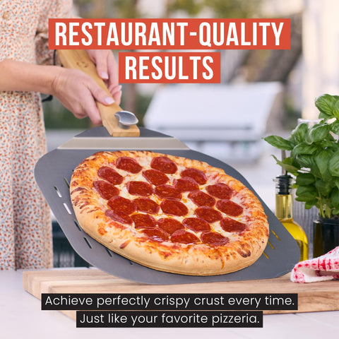 Chef Pomodoro peel next to a countertop pizza oven showing compatibility