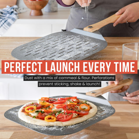 Chef Pomodoro peel extended to 26 inches demonstrating reach and oven safety