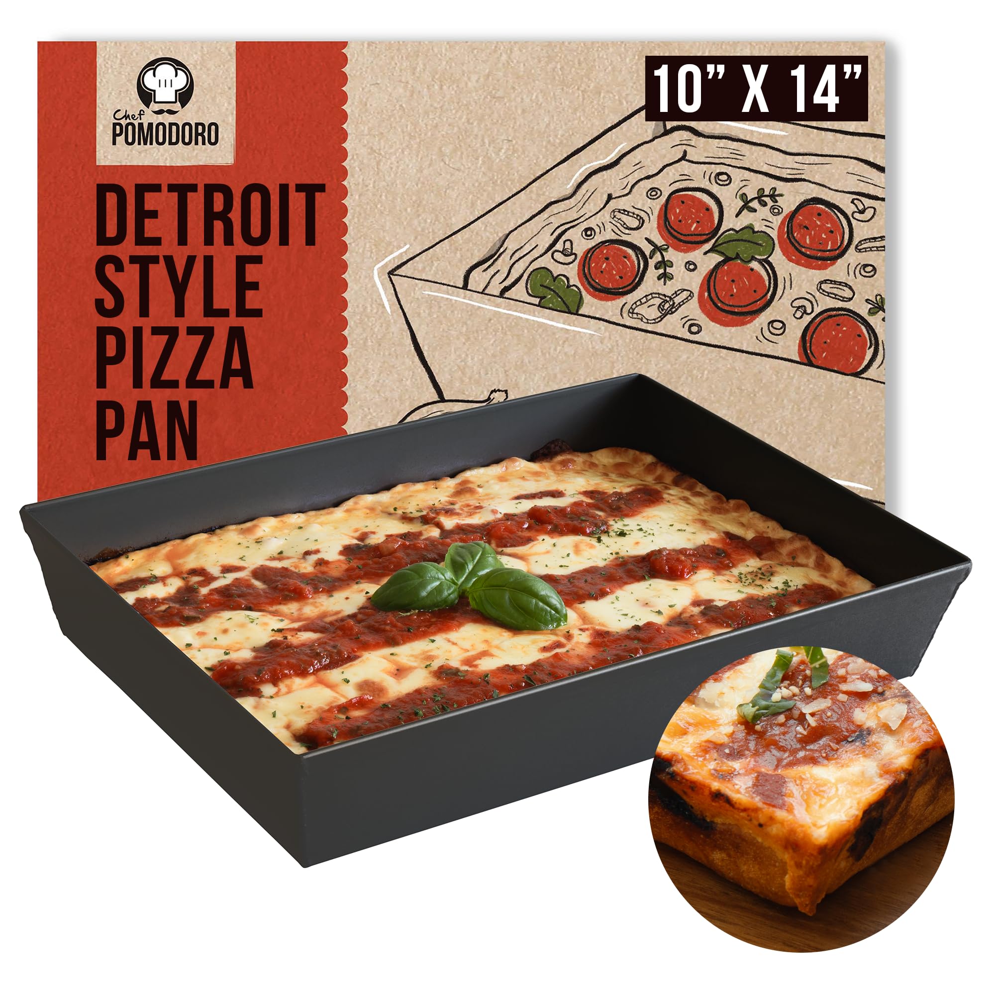 Chef Pomodoro front view of 10x14 pan showing deep-dish shape and benefit of authentic crust