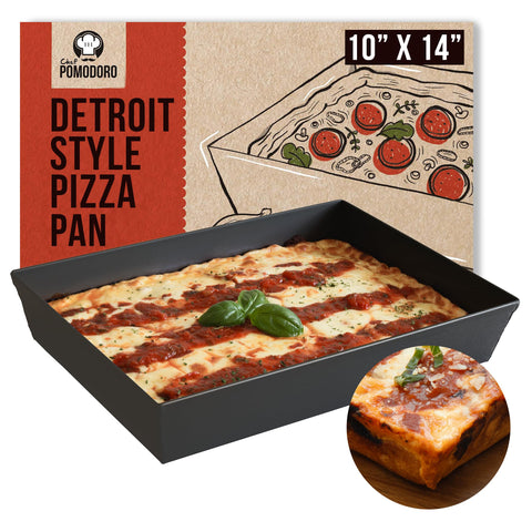Chef Pomodoro front view of 10x14 pan showing deep-dish shape and benefit of authentic crust