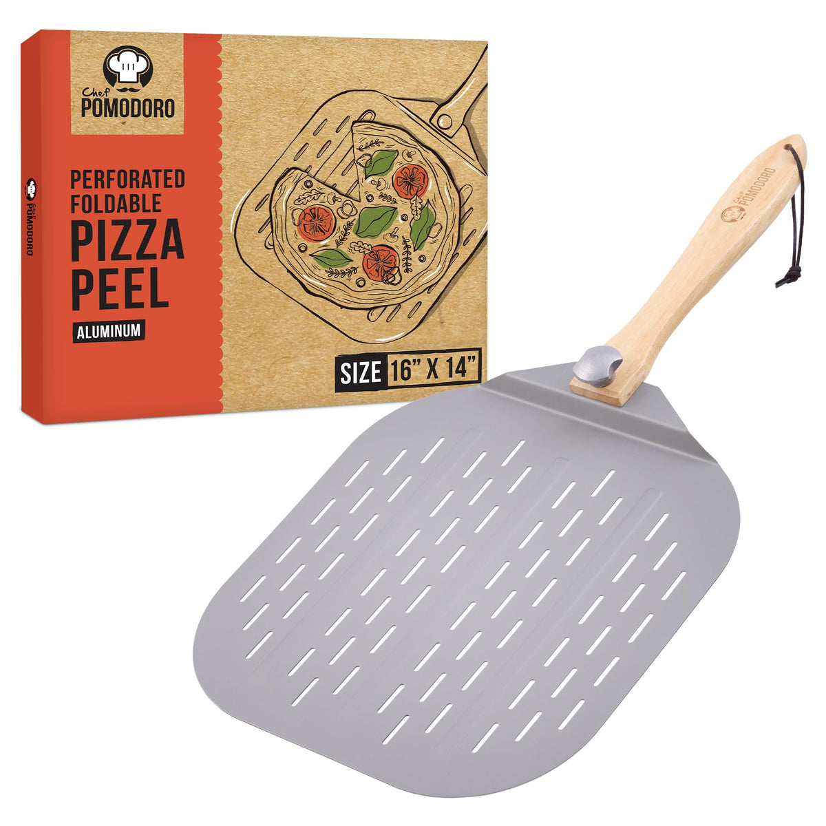 Chef Pomodoro front view of 16-inch perforated peel showing lightweight design and safe transfer