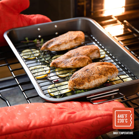 Chef Pomodoro pan demonstrating grease drainage for crisper results