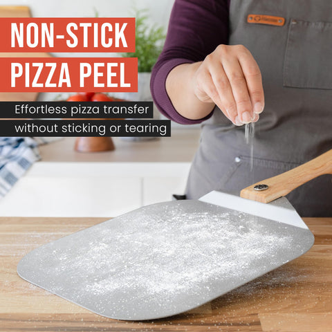 Chef Pomodoro peel in use launching pizza onto hot stone for easy transfer