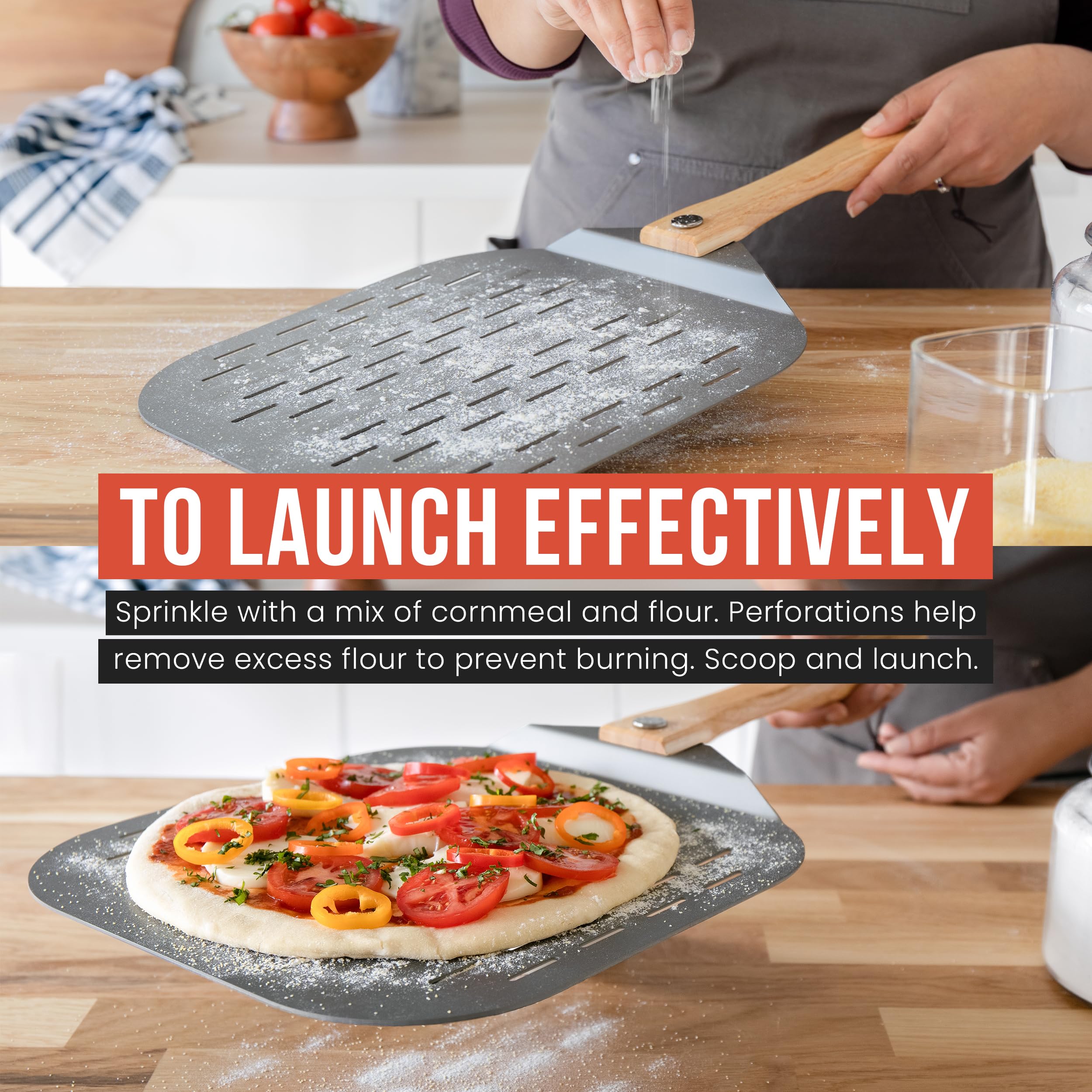 Chef Pomodoro placing pizza in oven demonstrating safer transfers