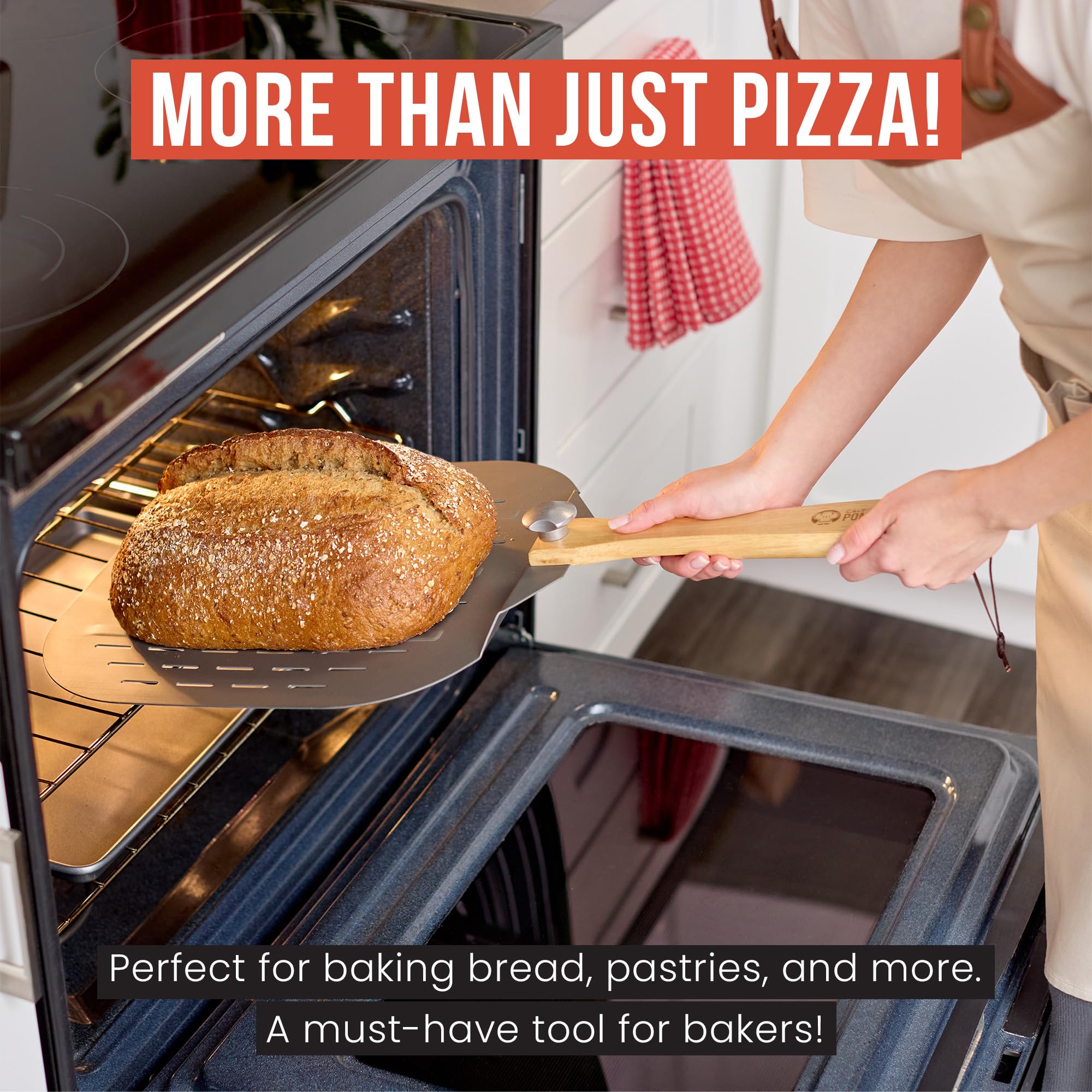 Chef Pomodoro lifestyle shot of outdoor pizza baking with durable foldable peel