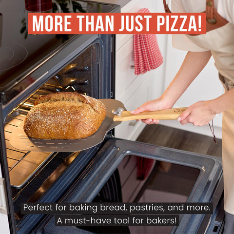 Chef Pomodoro lifestyle shot of outdoor pizza baking with durable foldable peel