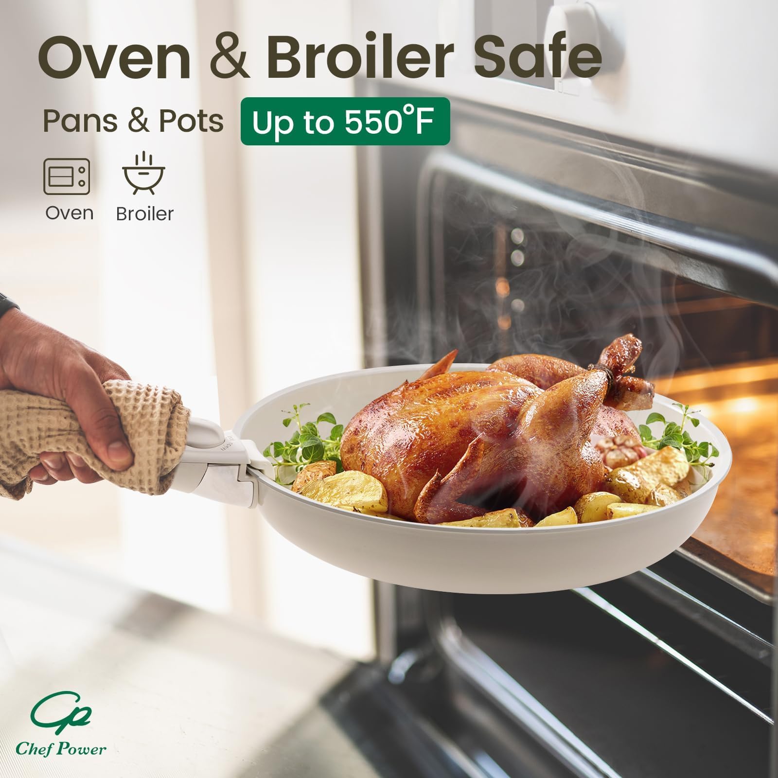 Chef Power 11-inch frying pan cooking eggs, showing effortless release