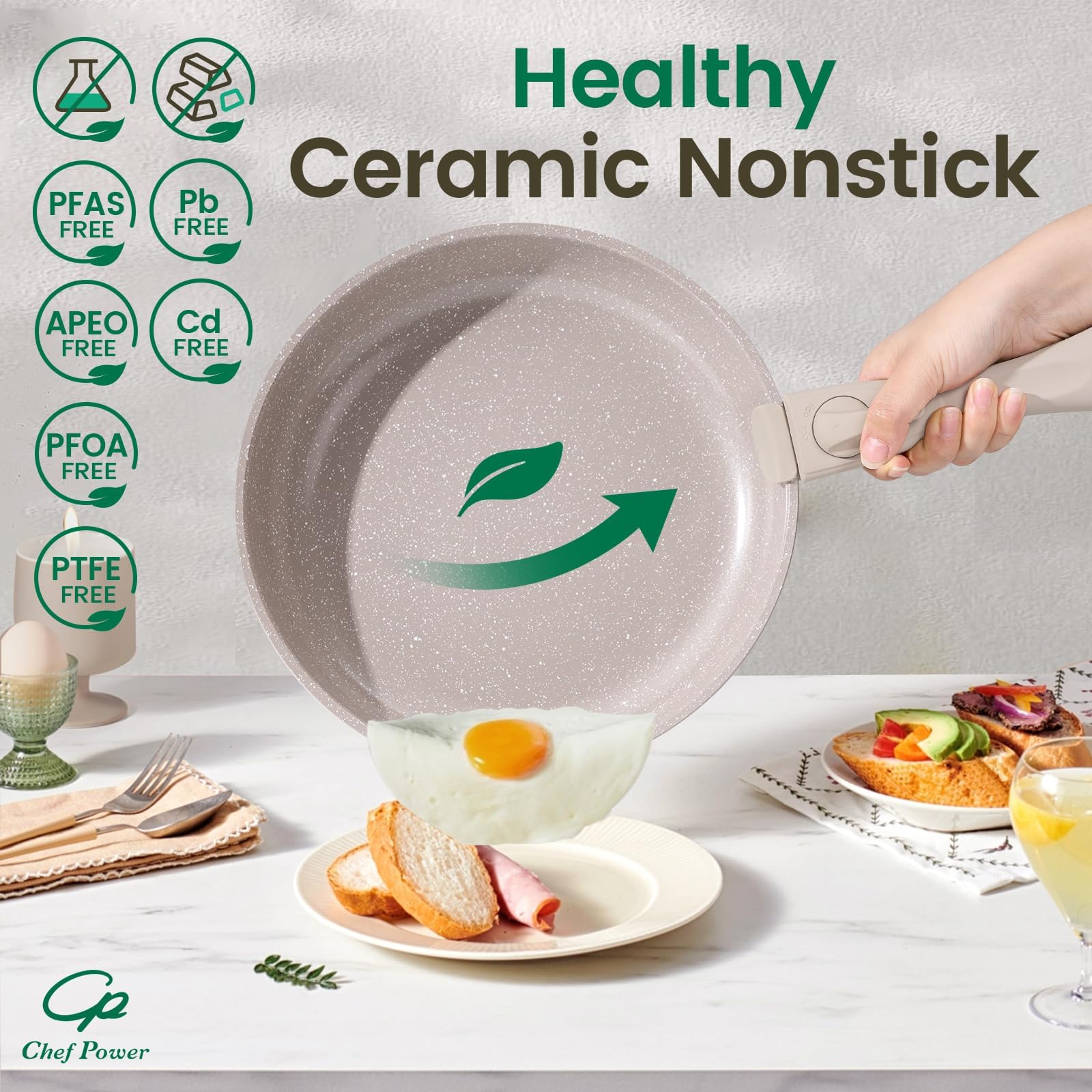 Chef Power ceramic nonstick close-up showing easy-release cooking surface