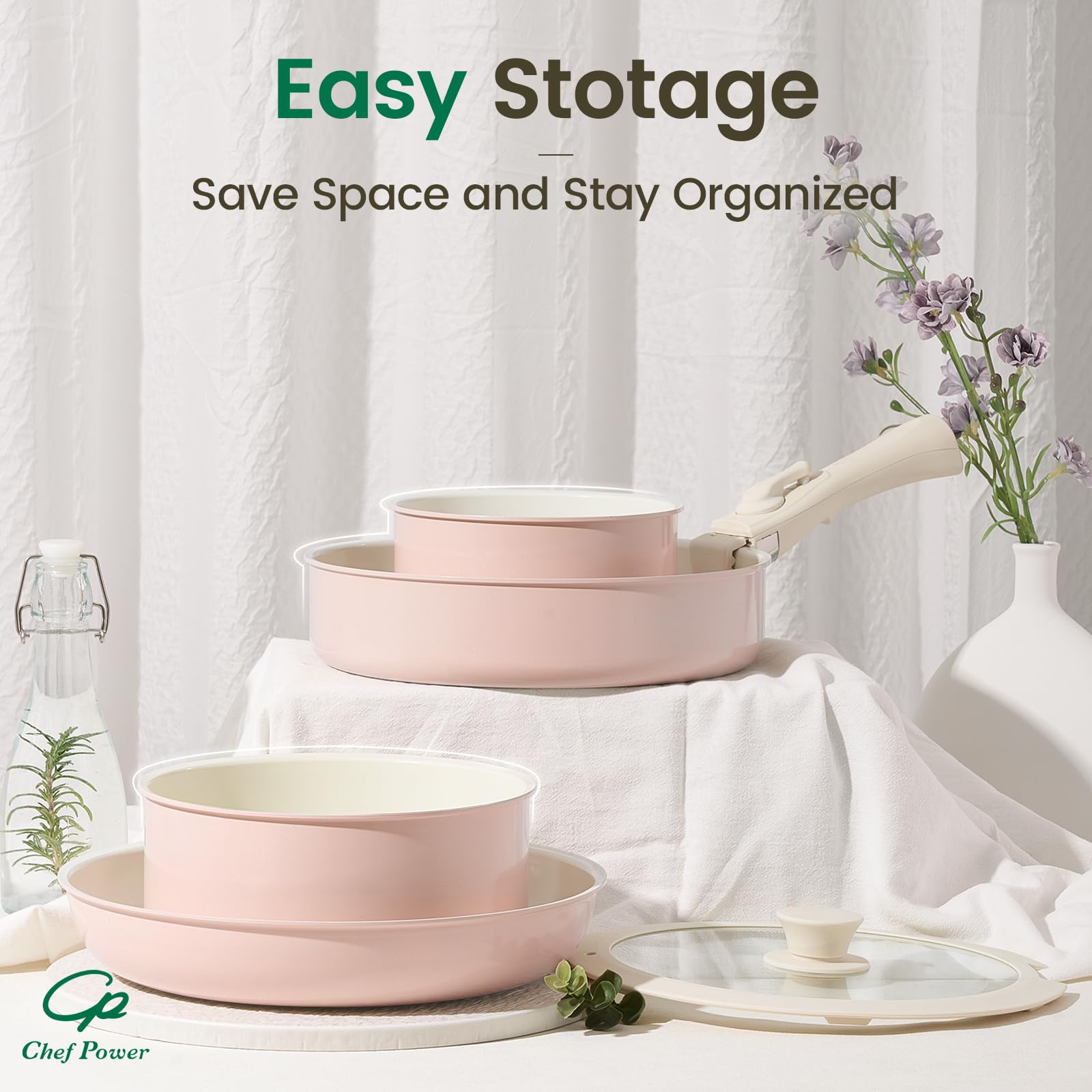 Chef Power pans stacked without handles showing compact storage space saving