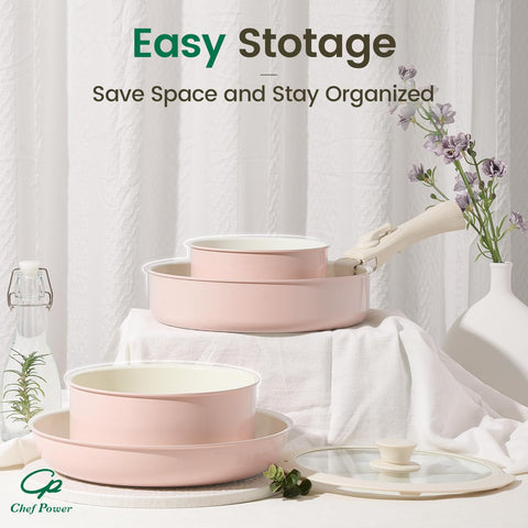 Chef Power pans stacked without handles showing compact storage space saving
