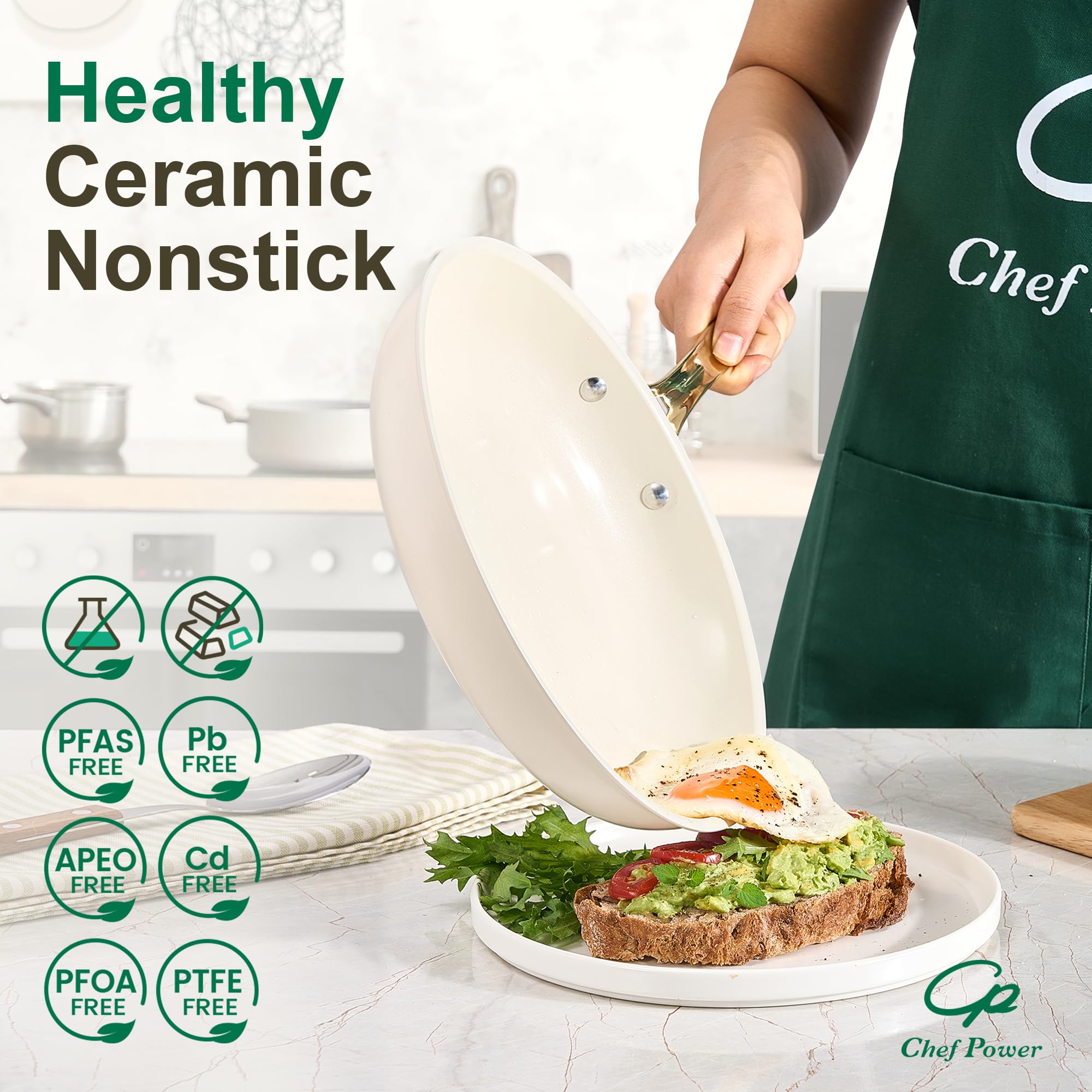 Detail of Chef Power light gold stainless-steel handle illustrating ergonomic grip and cool-touch benefit for safe handling
