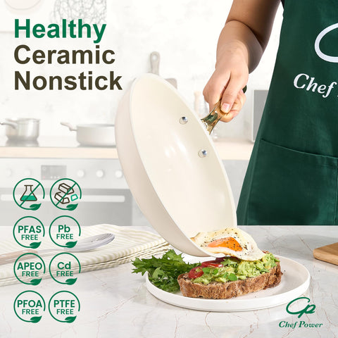 Detail of Chef Power light gold stainless-steel handle illustrating ergonomic grip and cool-touch benefit for safe handling