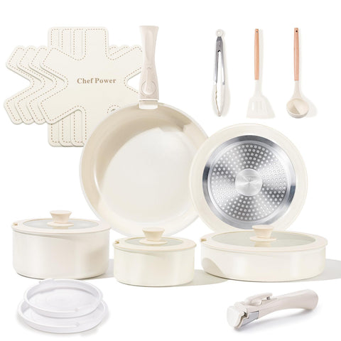Chef Power front view of cream 19-piece set, showing space-saving design