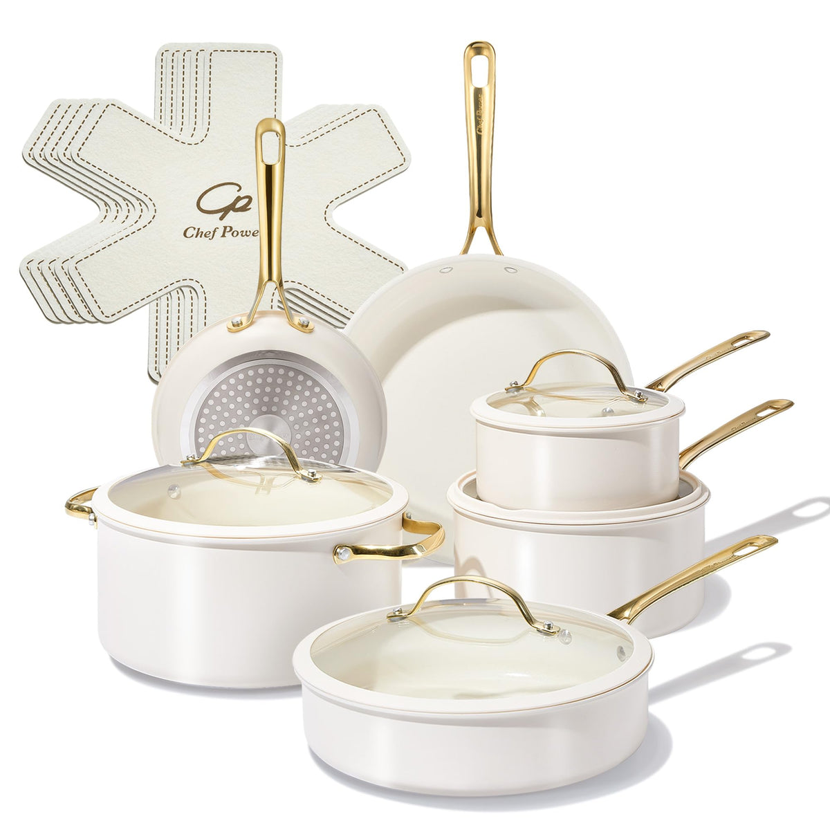 Chef Power front view of full cream white 15-piece cookware set showing polished finish and included lids, perfect for complete kitchen coverage