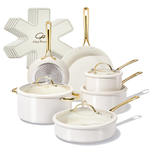 Chef Power front view of full cream white 15-piece cookware set showing polished finish and included lids, perfect for complete kitchen coverage