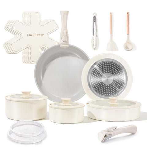 Chef Power front view showing granite grey cookware set and included accessories for modern kitchens