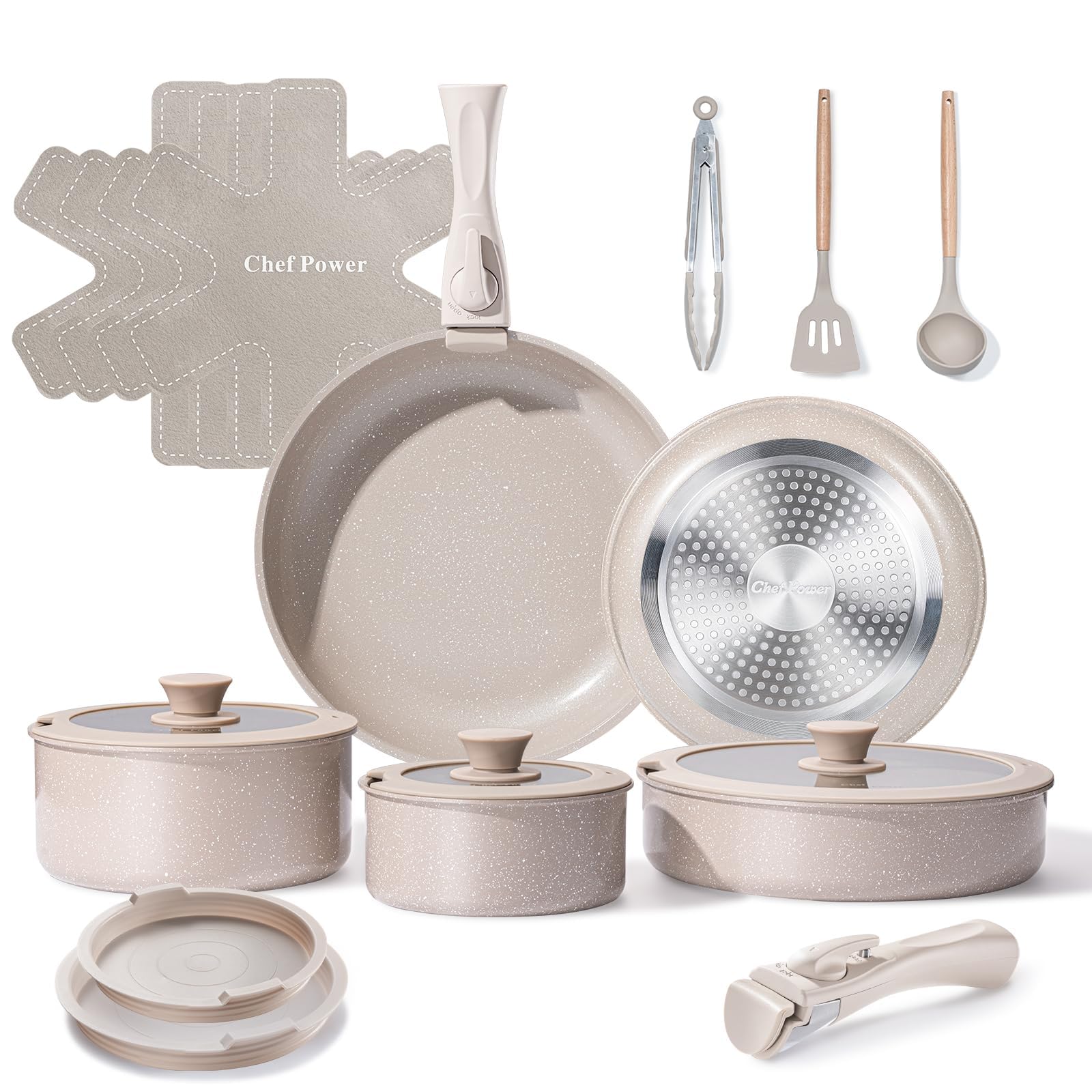 Chef Power front view of mocca taupe cookware set highlighting compact design