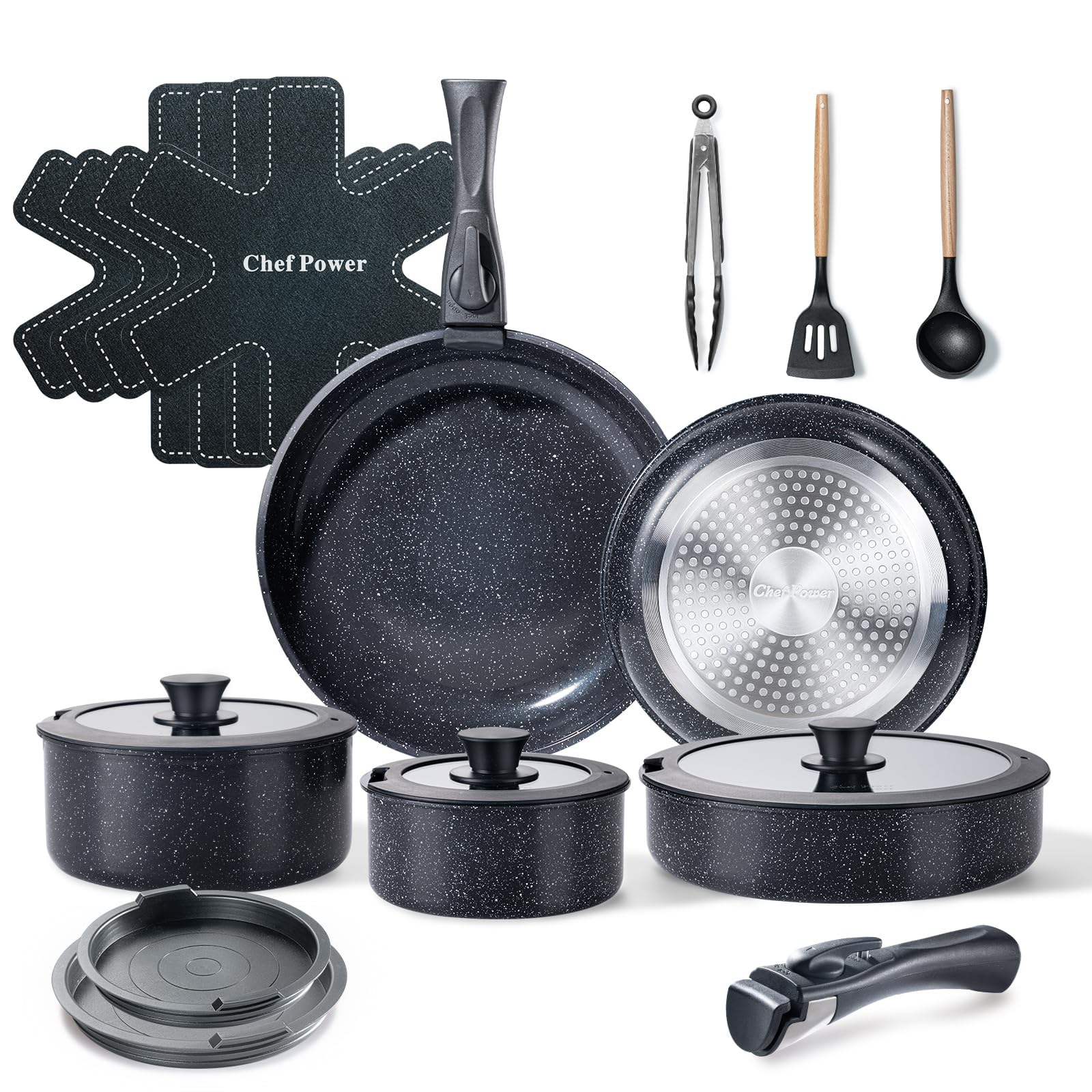 Chef Power front packaging showing full 19-piece set and space-saving benefits