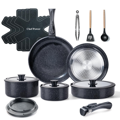 Chef Power front packaging showing full 19-piece set and space-saving benefits