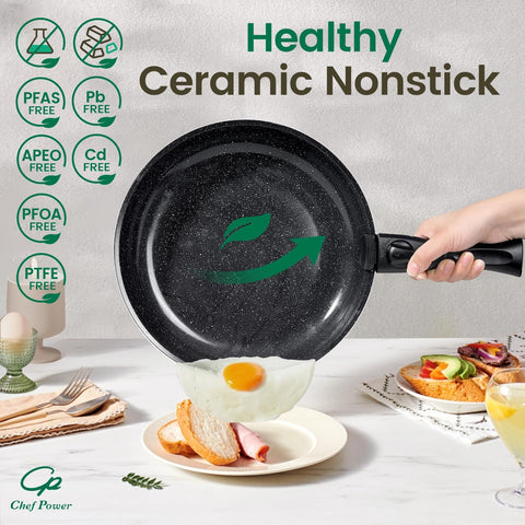 Chef Power frying pans cooking eggs on stovetop illustrating even heating