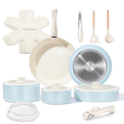 Chef Power front packaging showing light blue cookware set and benefits