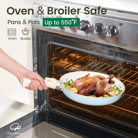 Chef Power pans inside oven showing oven-safe up to 550°F benefit