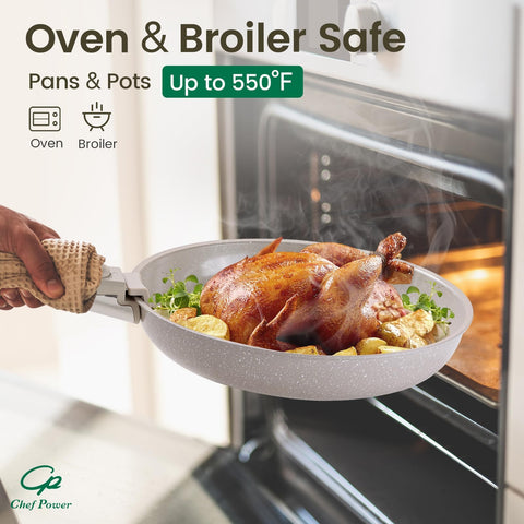 Chef Power pan moved into oven using removable handle for safe transfer